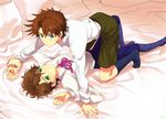  argyle_socks bad_id bad_pixiv_id blue_eyes brothers brown_hair child green_eyes jojo_no_kimyou_na_bouken jonathan_joestar joseph_joestar_(young) multiple_boys on_bed rwk shorts siblings time_paradox twins what_if younger 