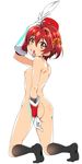  adjusting_hair arm_up ass bad_id bad_pixiv_id black_legwear blush breasts feathers gloves hat isshiki_akane looking_at_viewer mizuki_makoto mouth_hold nipples nude palette_suit red_eyes red_hair short_twintails simple_background small_breasts socks solo twintails vividred_operation white_background white_gloves 