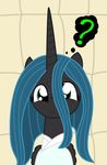  black_fur confused dazed-and-wandering equine friendship_is_magic green_eyes green_hair hair horn horse inside my_little_pony pony queen_chrysalis_(mlp) robe text winged_unicorn wings 