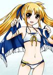  bad_id bad_pixiv_id bardiche bikini blonde_hair blush fate_testarossa flat_chest front-tie_top hair_ribbon long_hair lyrical_nanoha mahou_shoujo_lyrical_nanoha mahou_shoujo_lyrical_nanoha_a's mahou_shoujo_lyrical_nanoha_the_movie_2nd_a's nata_(7natadeco) navel open_mouth red_eyes ribbon smile solo swimsuit twintails 