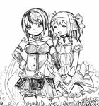  armband bad_id bad_pixiv_id banned_artist bow cape closed_eyes greyscale hair_bow kaname_madoka magical_girl mahou_shoujo_madoka_magica miki_sayaka monochrome multiple_girls runamatu short_hair short_twintails smile soul_gem twintails 