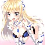  :d altrene bare_shoulders blonde_hair blush breasts busou_shinki cleavage doll_joints elbow_gloves gloves large_breasts leaning_forward long_hair open_mouth silve smile solo thighhighs 