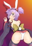  altines animal_ears ass blush bow bunny_ears busou_shinki detached_sleeves doll_joints hair_over_one_eye japanese_clothes looking_back panties purple_hair red_eyes short_twintails solo sweatdrop thighhighs twintails underwear zeku_(furrock) 