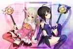  b.ren black_hair boots fate/kaleid_liner_prisma_illya fate_(series) feathers hair_feathers holding holding_hands holding_wand illyasviel_von_einzbern kaleidostick long_hair magical_girl magical_sapphire miyu_edelfelt multiple_girls pink_footwear prisma_illya red_eyes silver_hair thighhighs wand white_hair yellow_eyes 