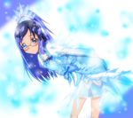  blue blue_background blue_bow blue_eyes blue_hair bow bracelet choker cure_diamond curly_hair dokidoki!_precure dress glasses half_updo henshin hishikawa_rikka jewelry kouchin long_hair magical_girl ponytail precure ribbon school_uniform smile solo transforming_clothes 