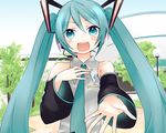  aqua_eyes aqua_hair bad_id bad_pixiv_id detached_sleeves hand_on_own_chest hatsune_miku headset kanitama_(putyourhead) long_hair necktie open_mouth outstretched_arm solo twintails vocaloid 