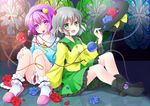  blue_flower blue_rose blush boots eyeball flower green_eyes hairband hat hat_removed headwear_removed heart komeiji_koishi komeiji_satori multiple_girls nekosugi_(hoshi) open_mouth petals purple_eyes purple_hair red_flower red_rose rose short_hair siblings silver_hair sisters sitting skirt smile socks stained_glass third_eye touhou unconscious 