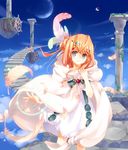  blue_eyes cape crescent_moon dress feathers jewelry kuga_tsukasa long_hair moon orange_hair original sky smile solo stairs 