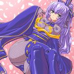  alternate_color altrene bodystocking breasts busou_shinki cleavage dd_(ijigendd) doll_joints fishnets green_eyes japanese_clothes kimono long_hair medium_breasts off_shoulder petals ponytail purple_hair smile solo thighhighs 