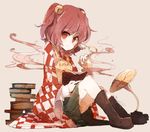  apron bad_id bad_pixiv_id bell book boots checkered clothes_writing cross-laced_footwear hair_bell hair_ornament hisona_(suaritesumi) lace-up_boots long_sleeves looking_at_viewer motoori_kosuzu phonograph pink_hair red_eyes short_hair sitting skirt smile solo touhou two_side_up wide_sleeves 