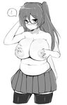  belly blush breast_grab breasts glasses grabbing greyscale huge_breasts long_hair monochrome nipples original plump sawati skirt solo_focus thighhighs topless twintails zettai_ryouiki 