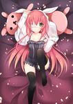  :o animal_hood arms_up black_legwear blush bunny_hood cherry_blossoms collar corset eyepatch green_eyes highres hood knee_up leg_up legs long_hair long_sleeves looking_at_viewer lying on_back original parted_lips pillow pink_hair short_shorts shorts thighhighs usagihime 