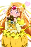  absurdres bow brooch bubble_skirt chocolate chocolate_heart choker circlet cure_muse_(yellow) earrings eating frills hair_ribbon heart highres jewelry kiyu_(doremi's_party) long_hair magical_girl orange_hair precure red_eyes ribbon shirabe_ako skirt solo suite_precure tiara valentine yellow_bow yellow_choker yellow_skirt 