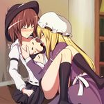  bad_id bad_pixiv_id black_bra blonde_hair blush bra breast_grab breasts brown_hair chocolate closed_eyes food_on_body fumei_(mugendai) grabbing hat licking long_hair maribel_hearn multiple_girls on_floor open_clothes open_shirt shirt short_hair sitting touhou trembling underwear usami_renko yuri 