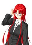  alternate_costume bespectacled blue_eyes braid breasts formal glasses highres hong_meiling large_breasts long_hair niwatazumi red_hair sketch smile solo suit touhou twin_braids upper_body very_long_hair 