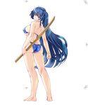  ass big_hair bikini blue_eyes blue_hair bokken from_behind kiyama_satoshi long_hair looking_back one_side_up original solo swimsuit sword weapon wooden_sword 