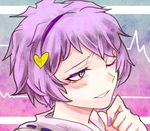  blush chamaruku hairband heart komeiji_satori one_eye_closed open_mouth purple_eyes purple_hair short_hair smile solo touhou 