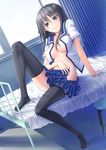  black_hair blue_eyes breasts h_kasei highres legs long_hair long_legs medium_breasts no_bra no_panties open_clothes open_shirt original school_uniform shirt solo thighhighs thighs undressing 