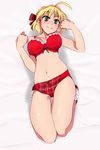 blonde_hair bra breasts fate/extra fate_(series) green_eyes haruhisky highres large_breasts lingerie lying navel nero_claudius_(fate) nero_claudius_(fate)_(all) on_back panties plaid plaid_panties short_hair solo underwear underwear_only 