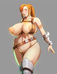  1girl areolae bare_shoulders belt beowolf bracer bracers breasts brown_eyes brown_panties cameltoe curvy female highres huge_breasts large_areolae milf navel nipples orange_hair original panties plump ponytail puffy_nipples simple_background solo standing string_panties supi_(beowolf_1999) supi_(inner_map) thick_thighs thighhighs thighs thong underwear wide_hips 