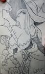  alex_ahad bare_shoulders breasts cleavage detached_sleeves dragon's_crown dress hat hat_over_one_eye highres huge_breasts long_hair monochrome skeleton sketch skull solo sorceress_(dragon's_crown) staff strapless strapless_dress traditional_media witch_hat 