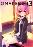  alternate_costume blush cardigan contemporary curtains desk dress_shirt hairband heart kneehighs komeiji_satori looking_at_viewer minamura_haruki on_desk open_cardigan open_clothes pink_eyes pink_hair school_desk school_uniform shirt short_hair sitting sitting_on_desk skirt smile solo touhou window 