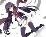  bad_id bad_pixiv_id black_hair blush dutch_angle kneeling kuroki_rei long_hair looking_at_viewer mishima_kurone national_shin_ooshima_school_uniform purple_eyes scarf school_uniform short_shorts shorts solo thighhighs vividred_operation 