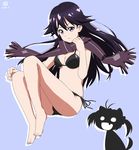  bad_anatomy barefoot bikini black_hair full_body isshiki_akane kueru_(yuuki_tamerawanai) kuroki_rei long_hair plantar_flexion purple_eyes scarf silhouette silhouette_demon swimsuit vividred_operation 