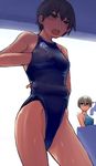  arena_(company) black_eyes black_hair competition_swimsuit error hand_under_clothes hand_under_swimsuit lvi multiple_girls one-piece_swimsuit original short_hair swimsuit 