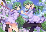  :d black_legwear blue_eyes fujima_takuya green_hair highres holding_hands interlocked_fingers kaitou_tenshi_twin_angel leaf long_hair multiple_girls nine_violet open_mouth pantyhose school_uniform short_hair siblings smile tesla_violet twin_angel twins 