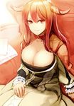  breasts cleavage demon_horns dress duplicate horns large_breasts long_hair looking_at_viewer maou_(maoyuu) maoyuu_maou_yuusha prime red_eyes red_hair sitting smile solo 