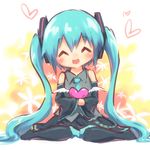  aqua_hair ayakashi_(monkeypanch) blush closed_eyes detached_sleeves hatsune_miku heart highres long_hair necktie open_mouth sitting solo twintails very_long_hair vocaloid wariza wings 