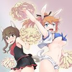  animal_ears arm_up bikini_top blue_eyes blush breasts brown_eyes brown_hair bunny_ears charlotte_e_yeager cheerleader front-tie_top full-face_blush hi-ho- large_breasts long_hair looking_at_viewer medium_breasts midriff multiple_girls navel open_fly open_mouth orange_hair pom_poms ponytail shiny shiny_skin short_shorts shorts skirt smile strike_witches tail takei_junko underboob unzipped vest world_witches_series 