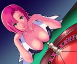  breasts cleavage croupier downblouse dutch_angle green_eyes kamitsuki_manmaru large_breasts pink_hair rio_rollins roulette short_hair smile solo super_blackjack 
