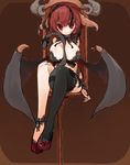  ankle_garter bad_id bad_pixiv_id bare_legs between_breasts between_legs black_legwear breasts brown_background chair demon_tail endou_chihiro highres horns large_breasts original red_eyes red_hair short_hair simple_background single_thighhigh sitting solo tail thighhighs wings wrist_cuffs 