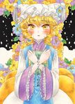  blonde_hair blush book colored_pencil_(medium) flower frilled_sleeves frills hands hat holding looking_at_viewer okinamaro511 short_hair solo touhou traditional_media translation_request wide_sleeves yakumo_ran yellow_eyes 