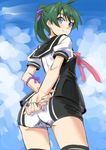  blue_eyes cloud cowboy_shot green_hair miri_(ago550421) national_shin_ooshima_school_uniform ponytail saegusa_wakaba school_uniform short_shorts shorts sky smile solo thighhighs vividred_operation 