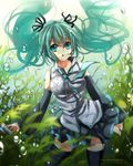 aqua_eyes aqua_hair bubble detached_sleeves floating_hair hachiimi hair_ribbon hatsune_miku highres long_hair looking_at_viewer microphone necktie ribbon skirt solo submerged thighhighs twintails underwater vocaloid 