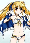  bad_id bad_pixiv_id bardiche bikini blonde_hair blush fate_testarossa hair_ribbon long_hair lyrical_nanoha mahou_shoujo_lyrical_nanoha mahou_shoujo_lyrical_nanoha_a's mahou_shoujo_lyrical_nanoha_the_movie_2nd_a's nata_(7natadeco) navel red_eyes ribbon solo swimsuit twintails 