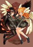  angel_and_devil black_hair blazer blonde_hair breasts green_eyes hair_ornament hairclip head_wings highres holding_hands jacket long_hair medium_breasts multiple_girls necktie original pointy_ears red_eyes school_uniform skirt smile sonjow4 thighhighs wings zettai_ryouiki 