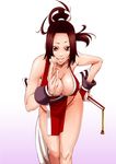  bare_shoulders bent_over breasts brown_eyes brown_hair cleavage closed_fan fan fatal_fury fingerless_gloves folding_fan gloves ikumo_taisuke japanese_clothes large_breasts ninja pelvic_curtain ponytail revealing_clothes shiranui_mai solo the_king_of_fighters 