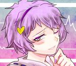  blush chamaruku hairband heart komeiji_satori looking_at_viewer one_eye_closed open_mouth purple_eyes purple_hair short_hair smile solo touhou 