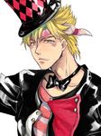  blonde_hair bow bowtie caesar_anthonio_zeppeli facial_mark feathers green_eyes hair_feathers hat jojo_no_kimyou_na_bouken male_focus solo striped top_hat tsuneaki_(dosnan) 