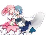  armband bad_id bad_pixiv_id banned_artist blue_hair bow cape closed_eyes gloves hair_bow holding_hands kaname_madoka magical_girl mahou_shoujo_madoka_magica miki_sayaka multiple_girls open_mouth pink_hair runamatu short_hair short_twintails smile soul_gem thighhighs twintails 