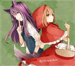  1girl animal_ears basket big_bad_wolf big_bad_wolf_(cosplay) big_bad_wolf_(grimm) brown_hair cosplay dress fang green_eyes hood hoodie little_red_riding_hood little_red_riding_hood_(grimm) little_red_riding_hood_(grimm)_(cosplay) long_hair one_eye_closed purple_eyes purple_hair rita_mordio tail tales_of_(series) tales_of_vesperia tama_(songe) wolf_ears yuri_lowell 