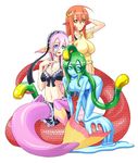  blue_eyes breasts cleavage gills goo_girl green_eyes green_hair green_sclera head_fins lamia large_breasts long_hair maid_headdress mermaid meroune_lorelei miia_(monster_musume) monster_girl monster_musume_no_iru_nichijou multiple_girls navel official_art okayado pink_hair pointy_ears red_hair scales simple_background slime slit_pupils suu_(monster_musume) tail tentacle_hair underboob white_background yellow_eyes 