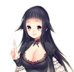  black_hair breasts cleavage lace large_breasts long_hair mirunai original red_eyes simple_background smile solo white_background 