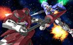  3d asteroid beam_rifle blue_eyes energy_gun glowing glowing_eyes gn-x_iii green_eyes gun gundam gundam_00 highres mecha mobile_suit no_humans space star_(sky) sword weapon zefai 