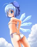  ahoge ass bikini blue_eyes blue_hair blush bow breasts cirno from_behind hair_bow ice ice_wings looking_at_viewer looking_back micro_bikini short_hair side-tie_bikini small_breasts solo swimsuit tonky touhou wings 
