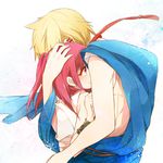  1girl 310_(satopoppo) :t ali_baba_saluja blonde_hair hug long_hair magi_the_labyrinth_of_magic morgiana one_side_up red_eyes red_hair short_hair 